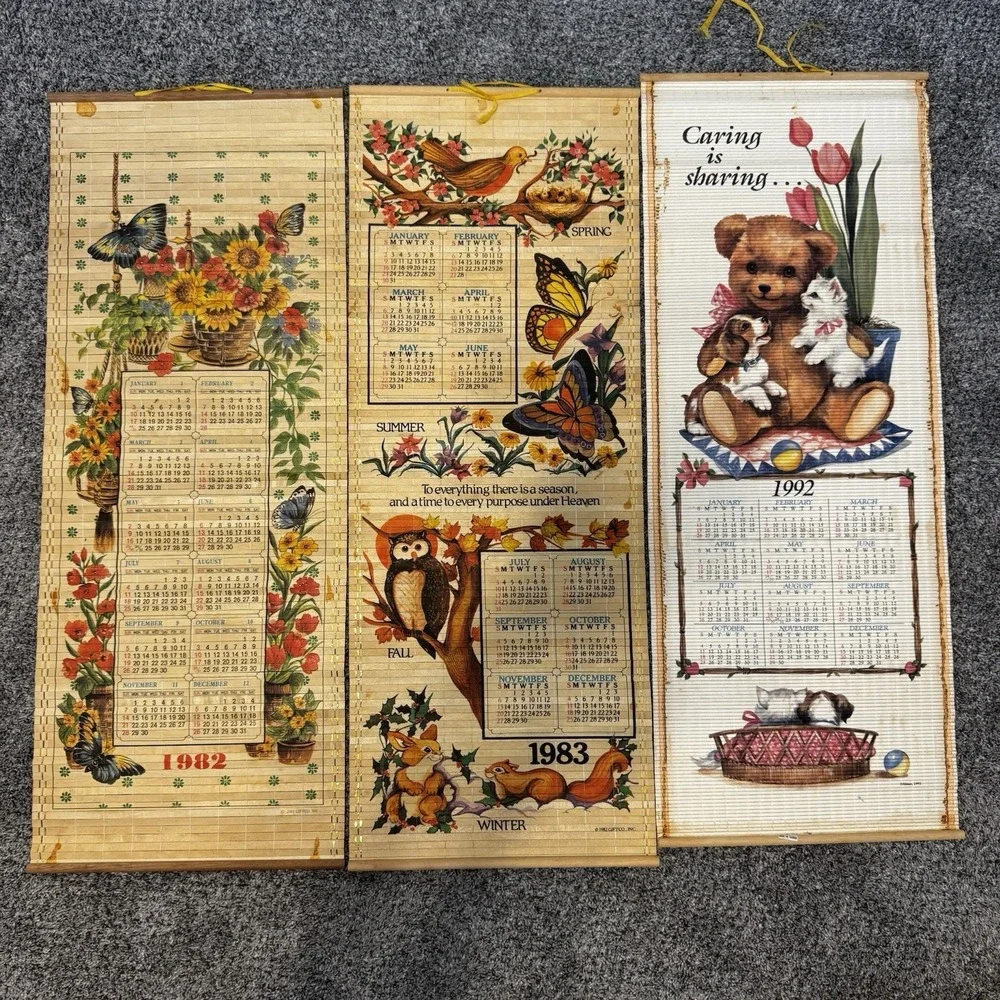 Vintage Giftco 1982, 1983 & 1992 Bamboo Art Wall Scroll Calendars Lot Butterfly